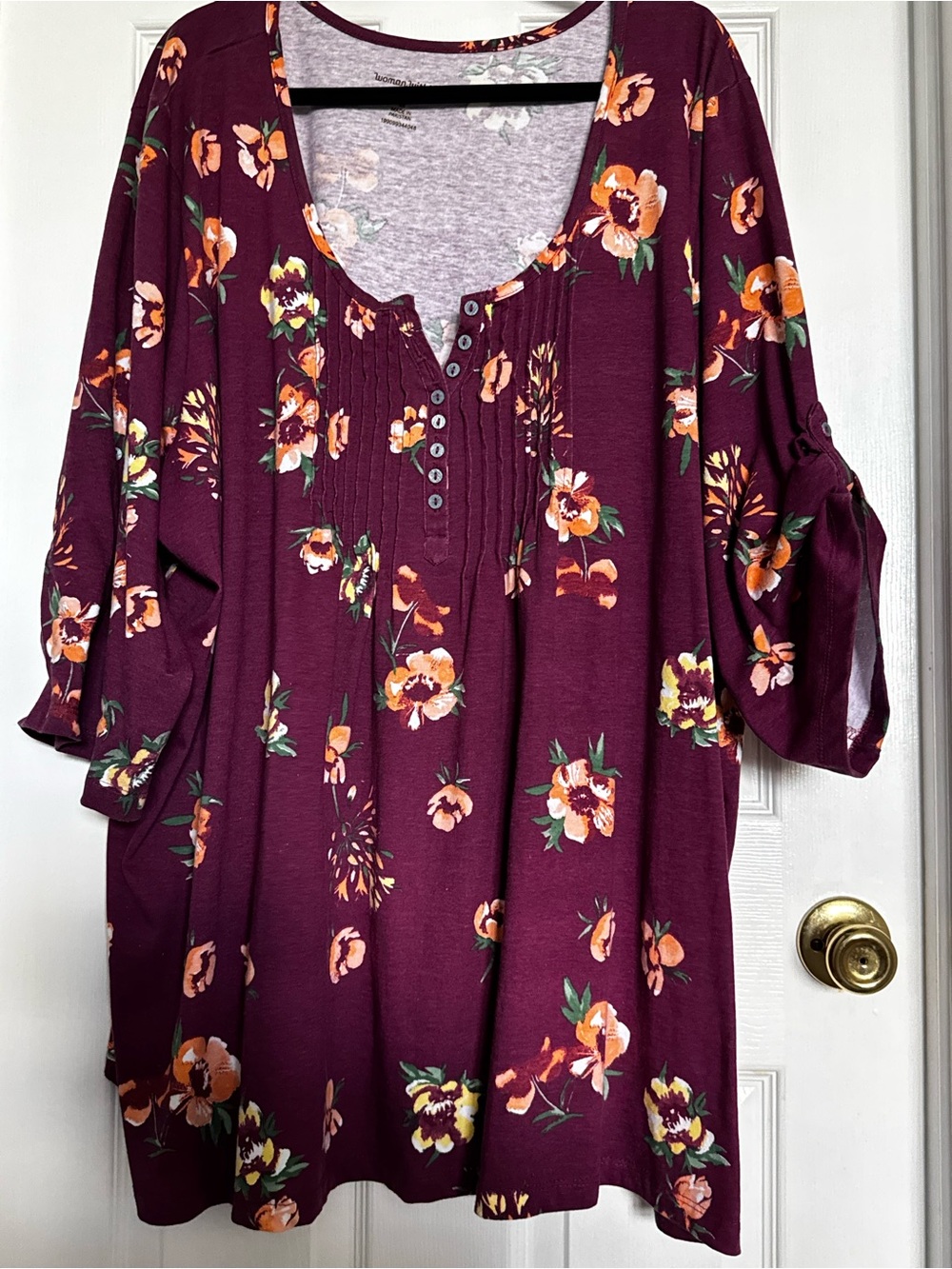 Woman Within Plum Floral Scoop-Neck Tunic with Pintuck Detail